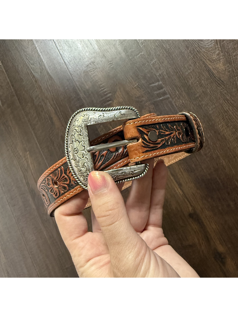 Tony Lama Kids Size 20 Brown Floral Tooled Leather Western Cowboy Belt USA